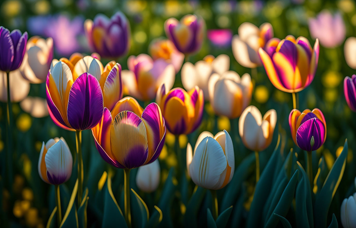 Colorful Tulips Under Golden Sunlight: Purple, Yellow, and White Blooms