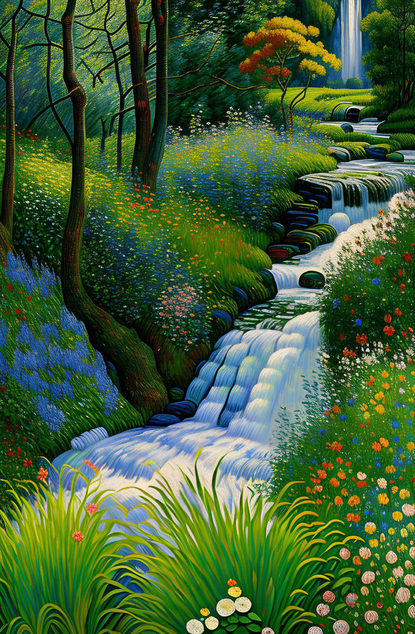 Colorful Stream Painting with Waterfall and Lush Flora