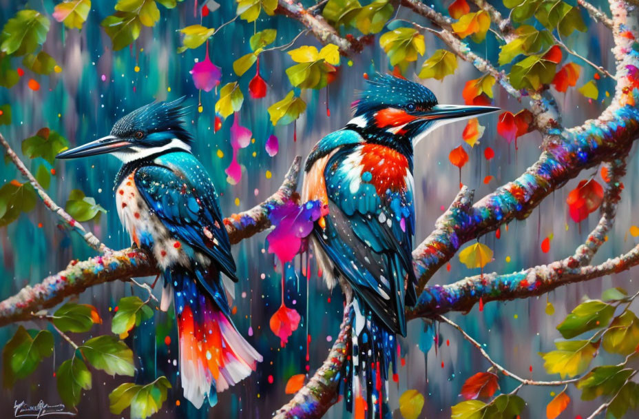 Colorful kingfishers on branch with vibrant leaves and paint splatters