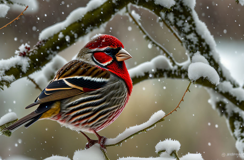 Colorful Bird Perched on Snowy Branch with Falling Snowflakes