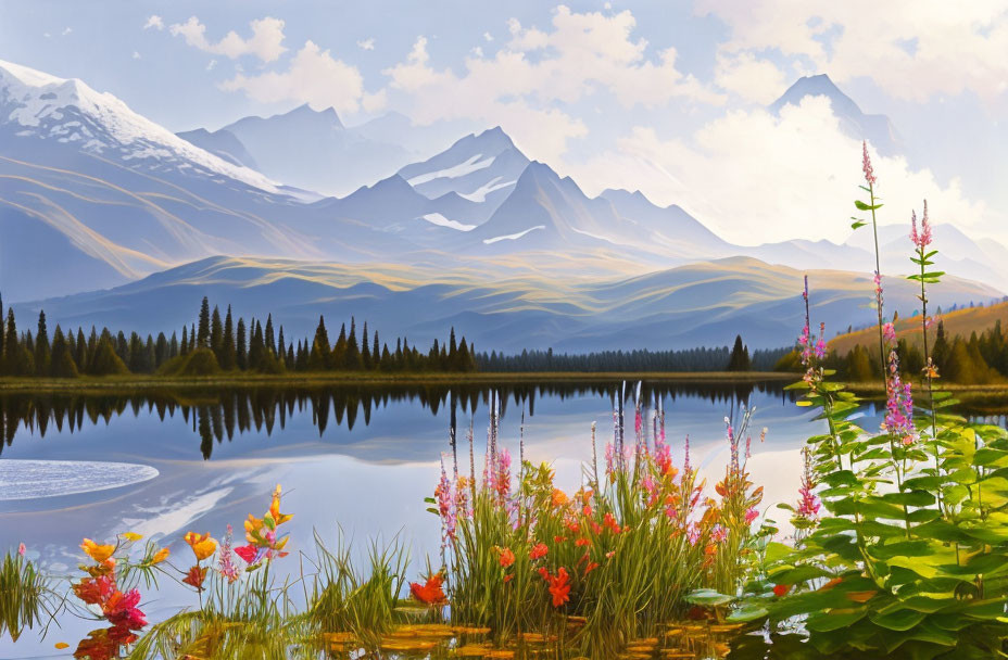 Tranquil Mountain Landscape with Reflective Lake and Snowy Peaks