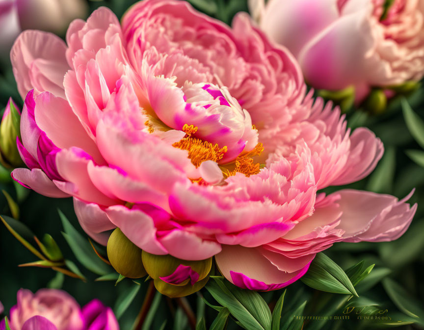 Vibrant Pink Peony in Full Bloom with Delicate Petals and Golden Yellow Stamens