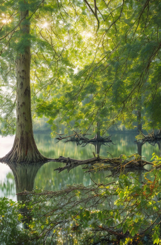 Serene Lake with Lush Trees and Intricate Root System