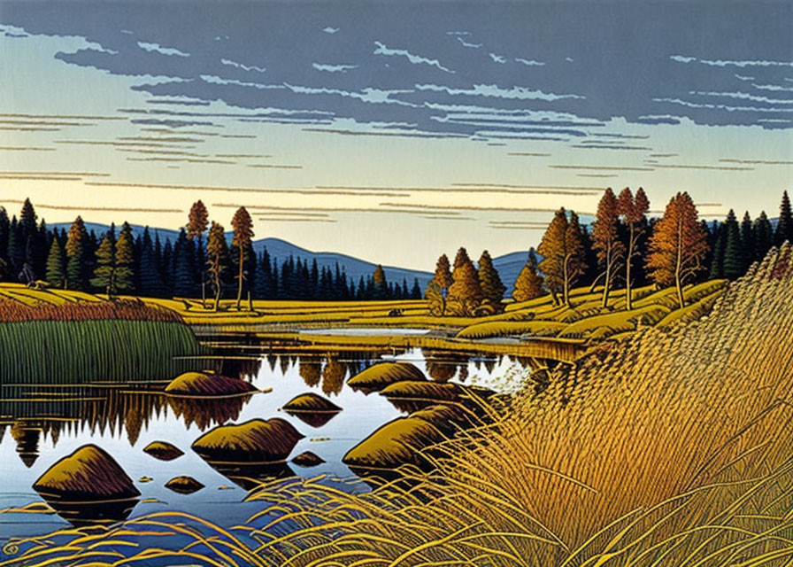 Serene lake landscape with golden fields, trees, mountains, and layered sky