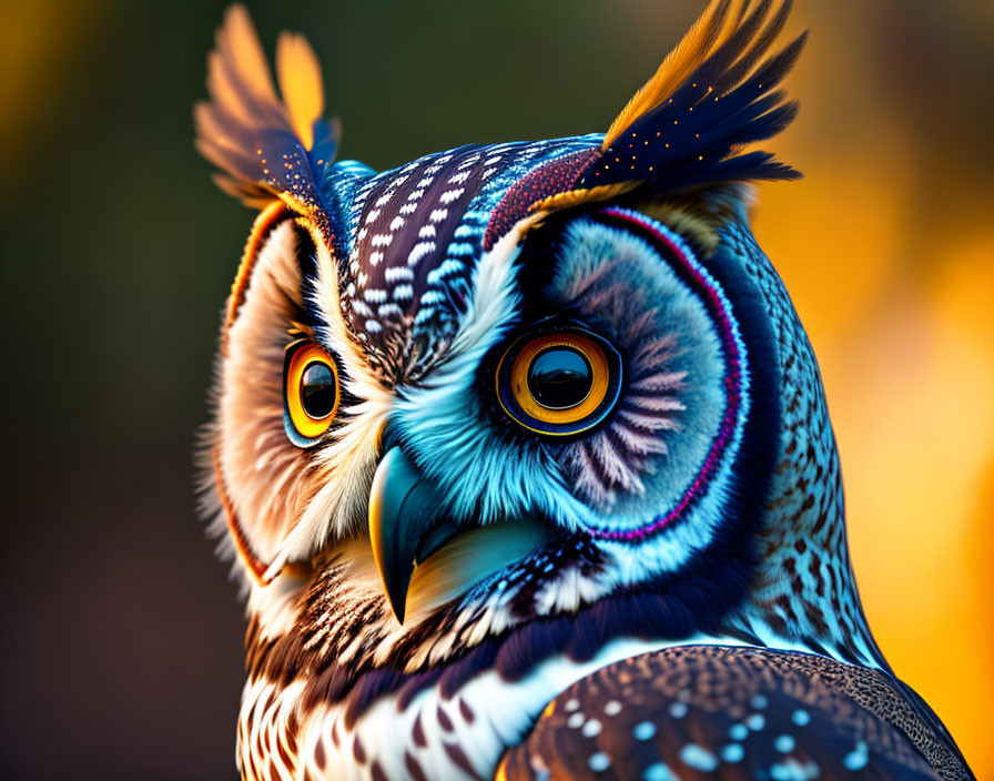 Detailed Stylized Owl with Vibrant Plumage and Yellow Eyes