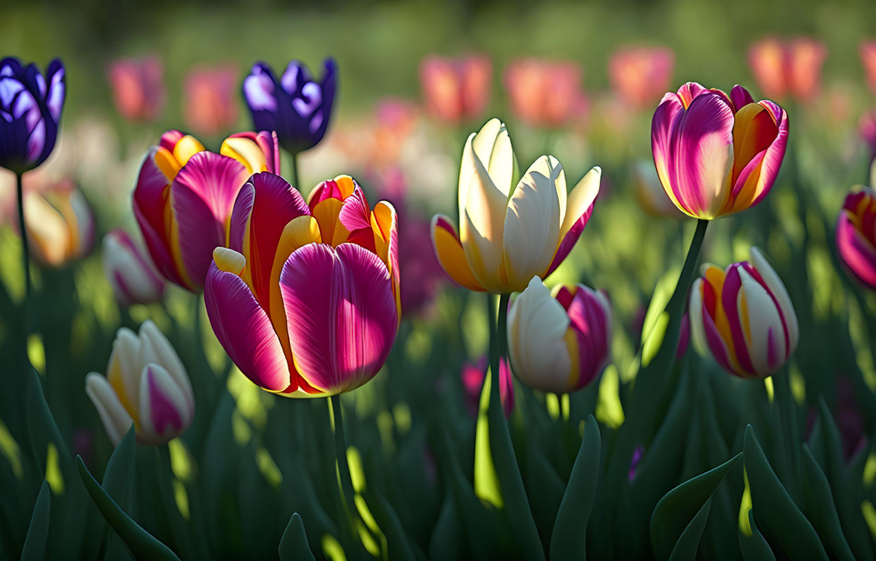 Colorful Tulip Garden in Soft Sunlight with Blurred Green Background