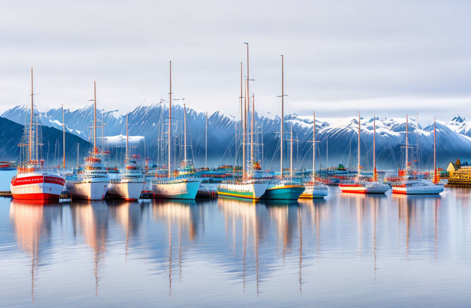 Serene waters with fishing boats and snow-capped mountains