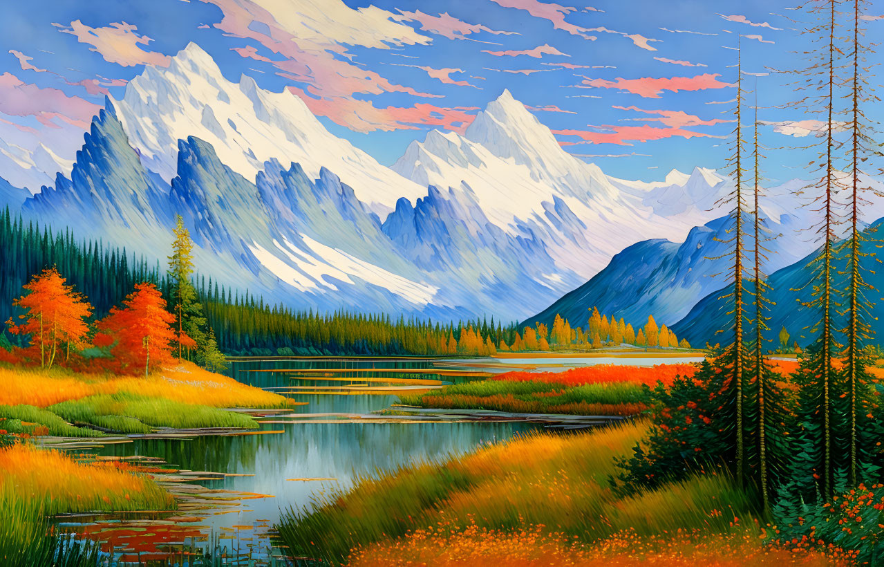 Autumnal landscape painting: river, orange & green trees, snow-capped mountains, blue sky