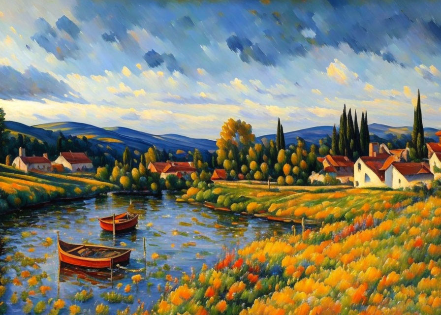 Tranquil river landscape with boats, village, and colorful nature scene