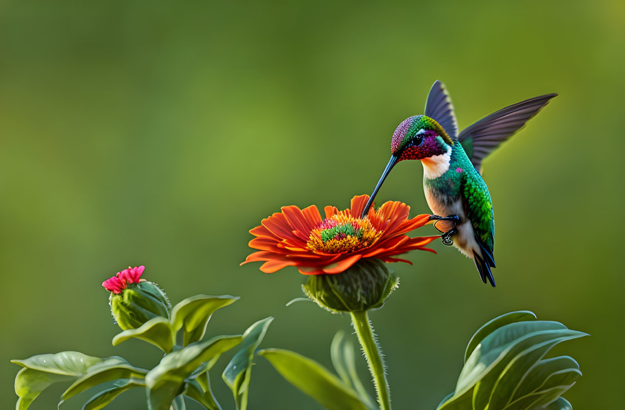 Iridescent hummingbird on orange flower in green setting