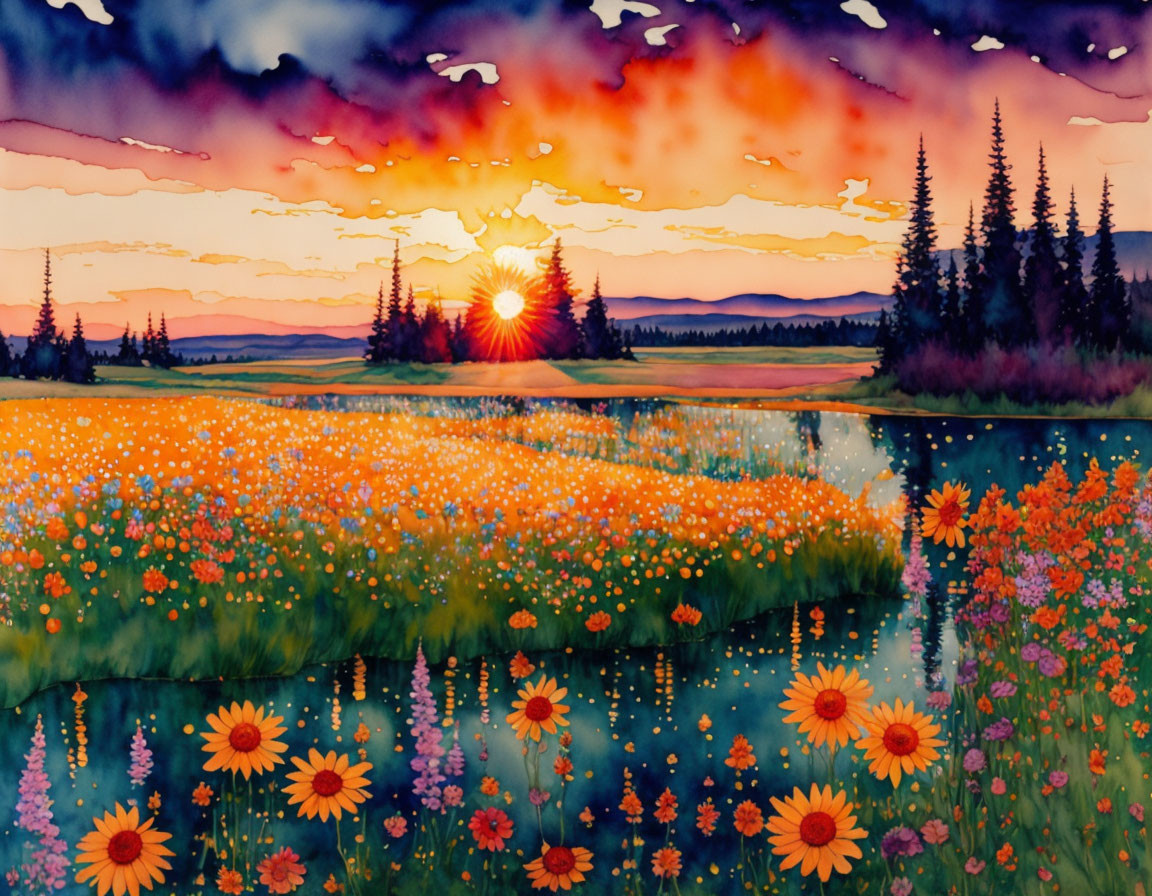 Serene sunset landscape with wildflowers, river, pine trees, and birds