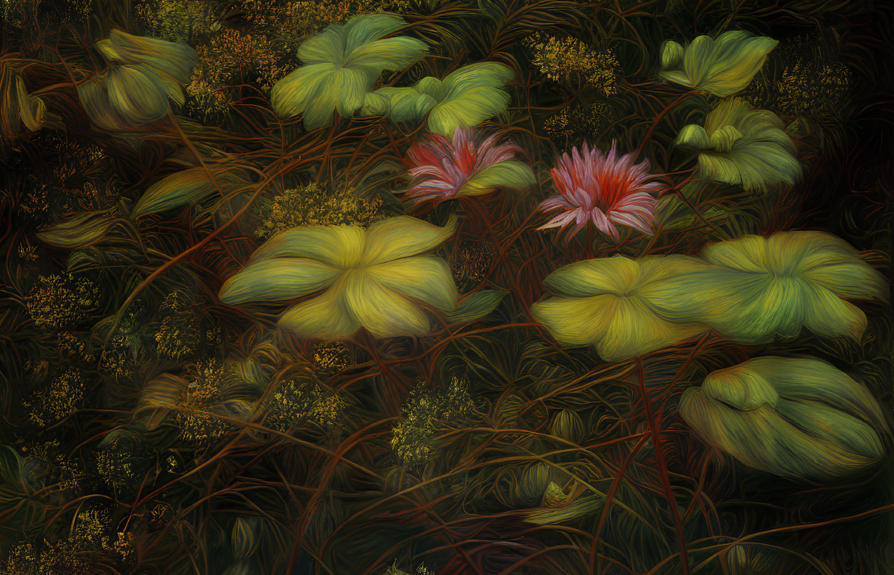 Stylized digital art: Glowing green and red flowers in dark foliage