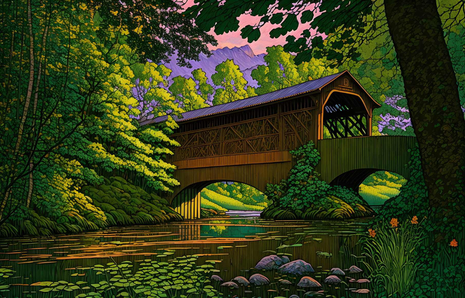 Scenic wooden covered bridge over river at dusk