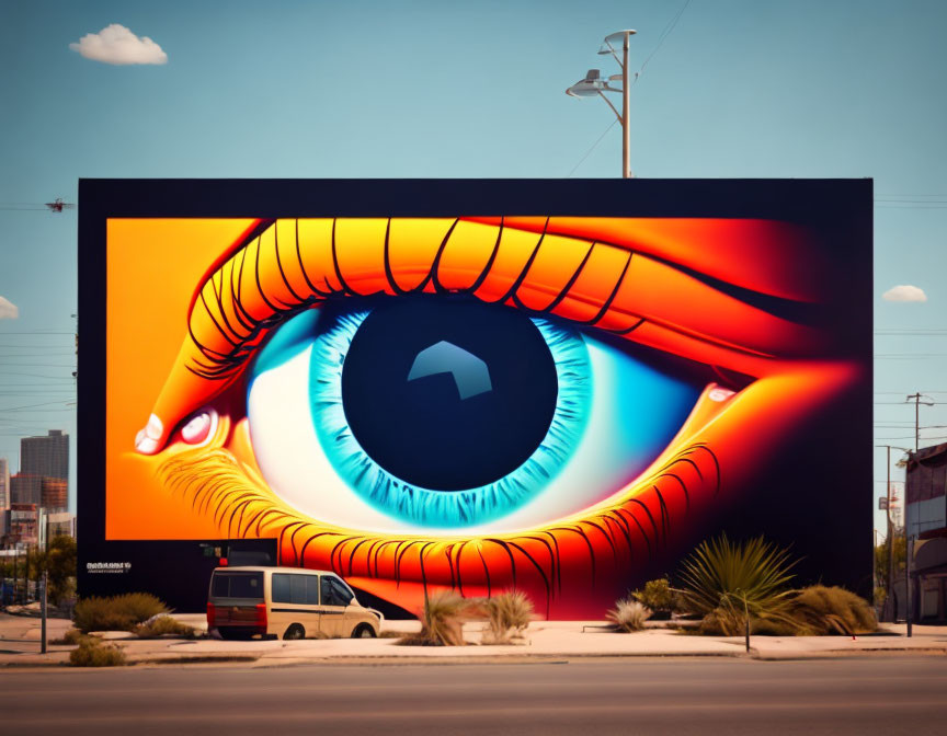 Vivid human eye mural on billboard with street scene