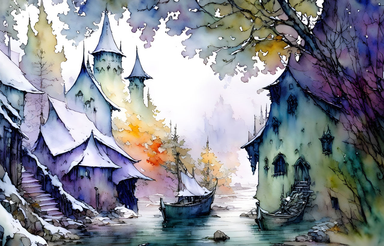 Snowy Village Watercolor Painting with Colorful Houses and Frozen River