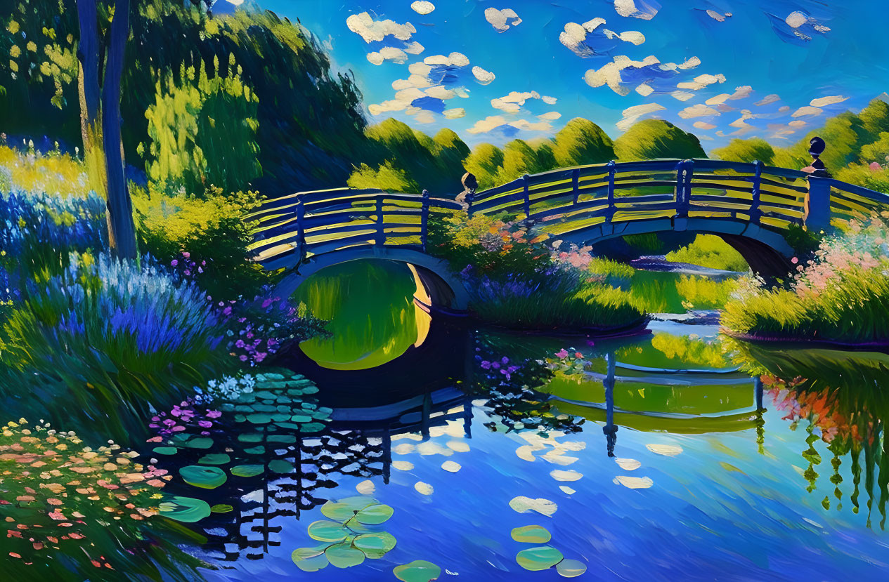 Colorful painting of person on wooden bridge over pond with water lilies, greenery, flowers,