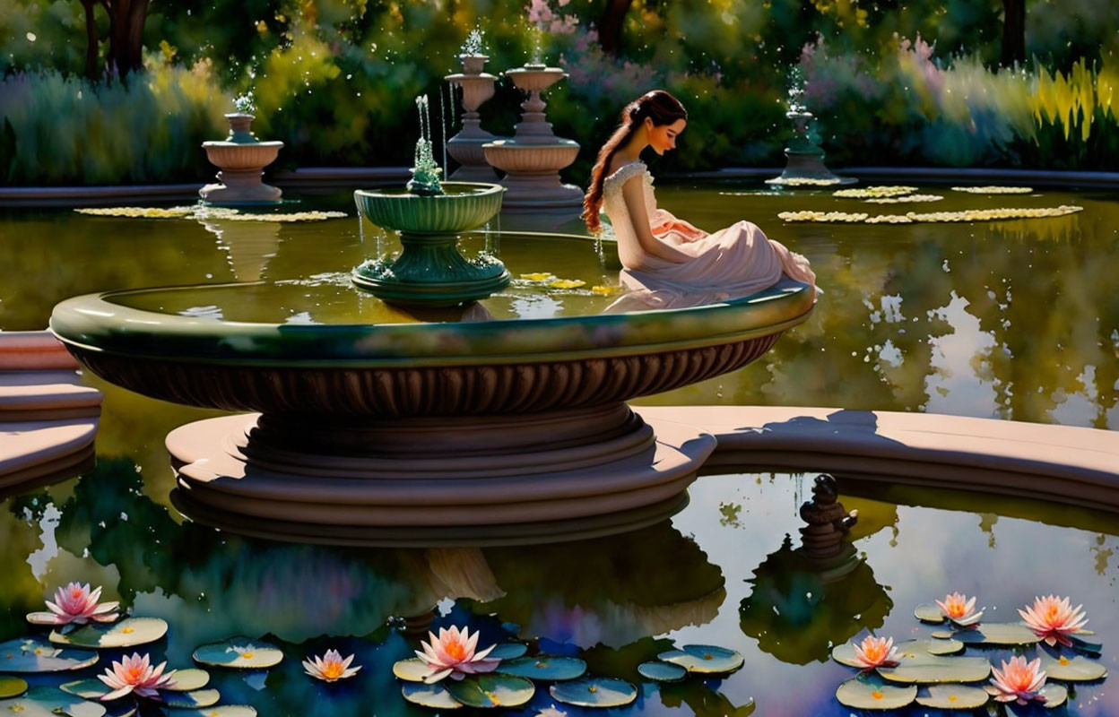 Woman sitting by fountain surrounded by water lilies in garden at golden hour