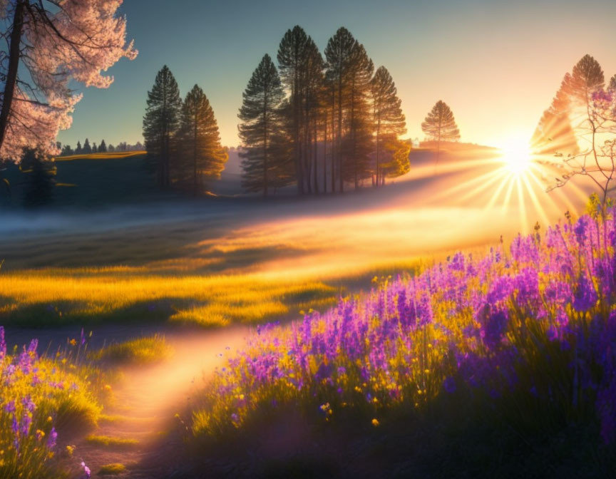 Scenic sunrise over purple flower field with mist and sunlight through trees