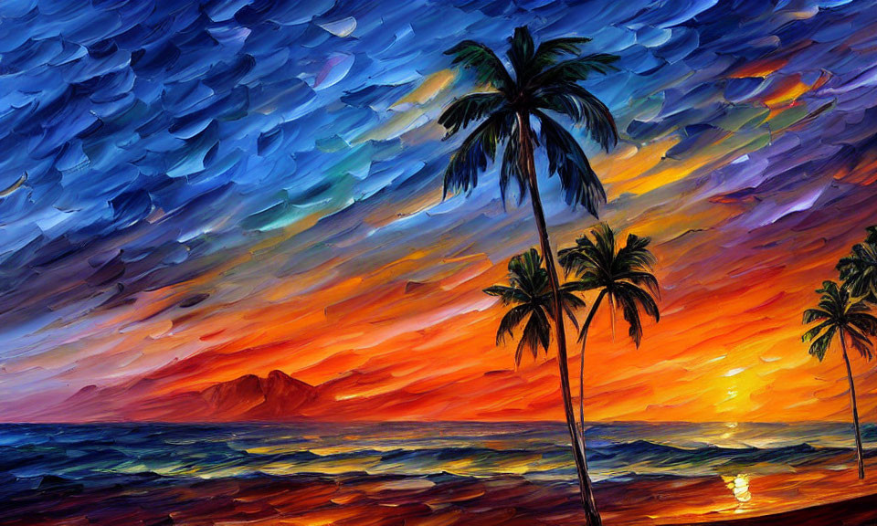 Colorful Tropical Sunset Painting with Palm Trees and Ocean Waves