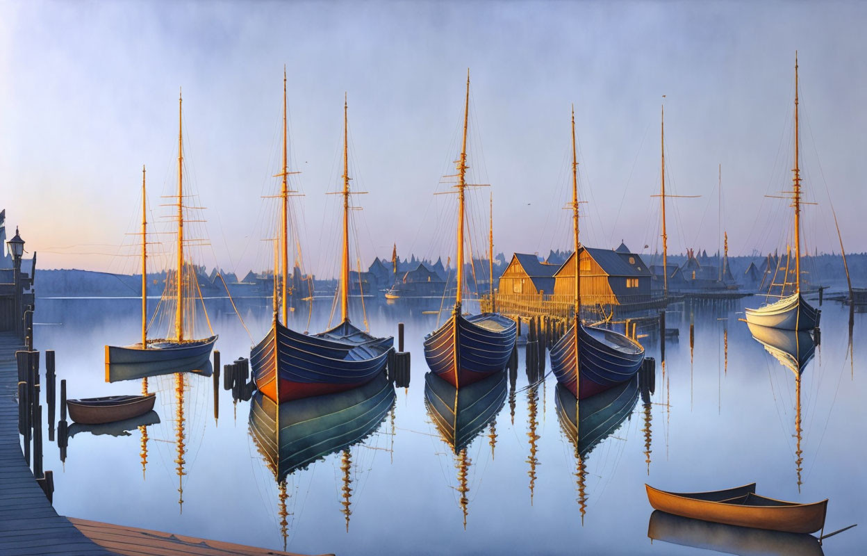 Sunrise over calm harbor with sailboats, hazy sky, and wharf.