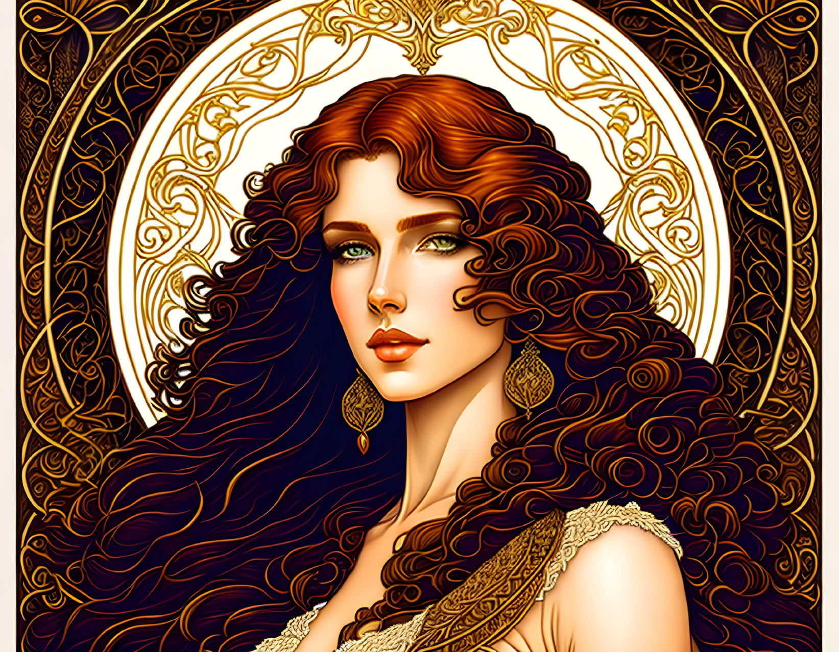 Illustrated woman with auburn hair and green eyes in Art Nouveau-style setting