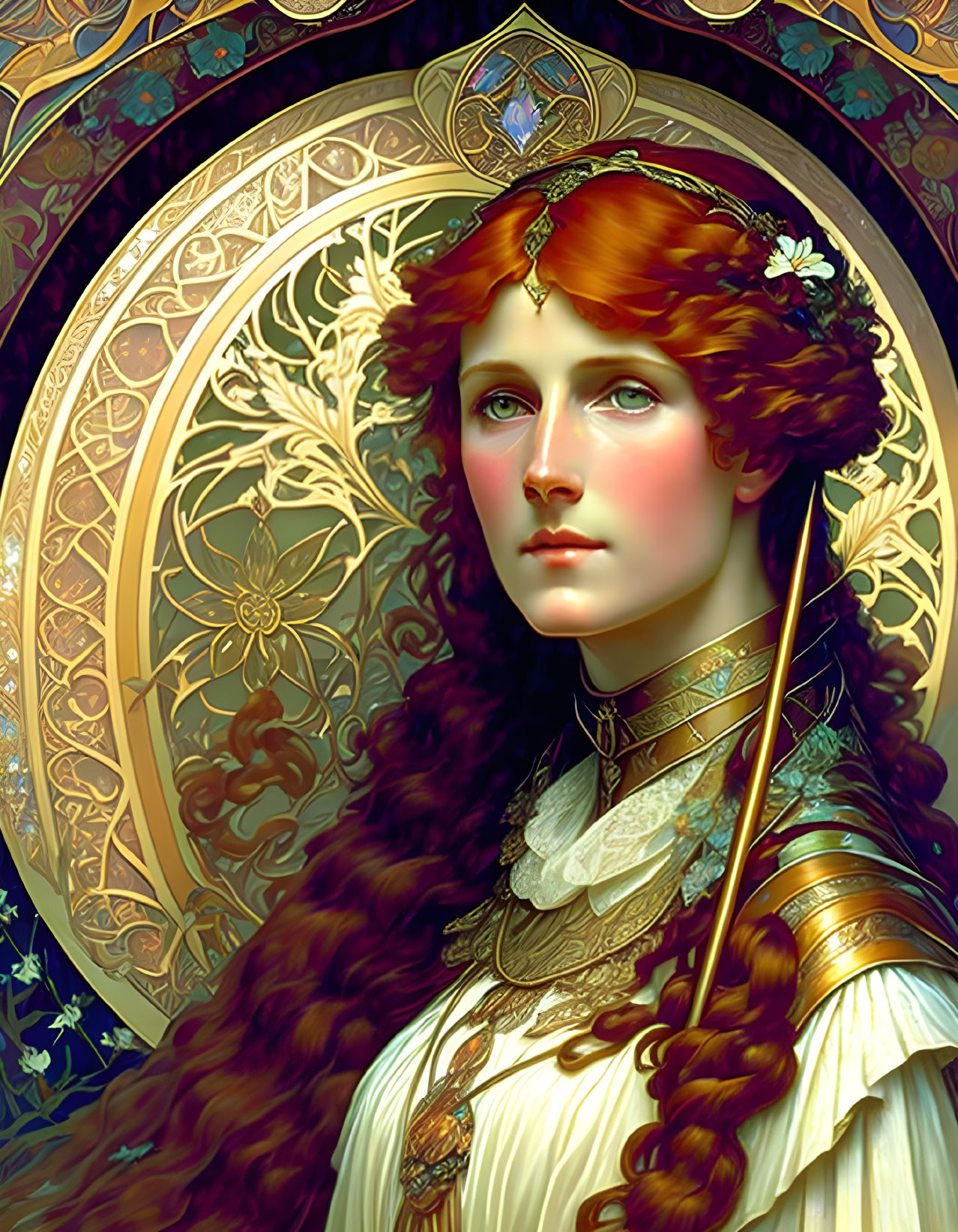 Illustrated portrait of woman with auburn hair in regal attire and Art Nouveau background