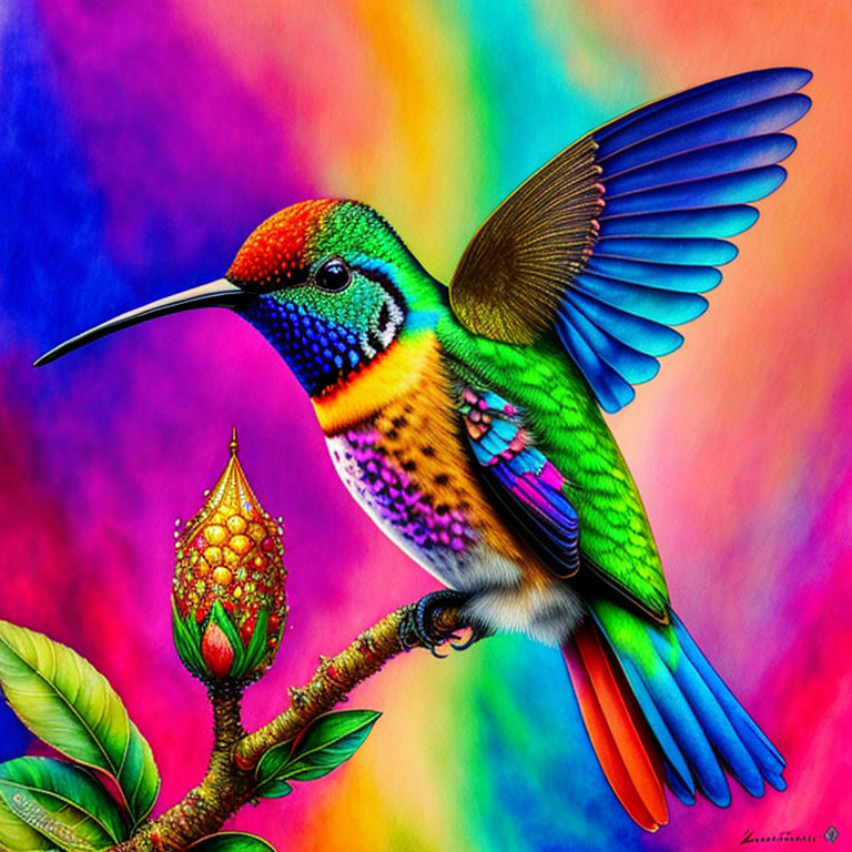 Colorful Hummingbird Illustration with Rainbow Feathers and Flower