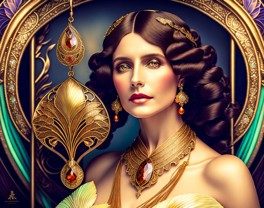 Digital Artwork: Woman with Intricate Jewelry and Ornate Headdress in Art Nouveau Style Frame