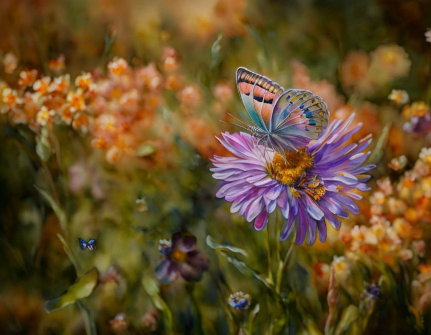 Colorful Butterfly Resting on Purple and Yellow Flower Among Wildflowers