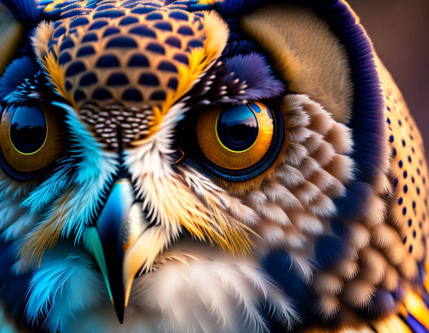 Colorful Stylized Owl with Orange Eyes and Blue Feathers