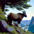 Three mountain goats on grassy ledge with pine trees & mountains