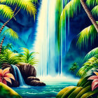 Tropical waterfall painting with lush greenery & colorful flowers