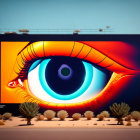 Vivid human eye mural on billboard with street scene