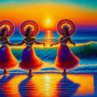 Three women in traditional hula attire dancing on beach at sunset