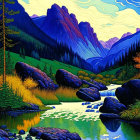 Colorful landscape with river, forest, mountains, and swirling sky.