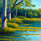 Tranquil lake with birch trees, pine forest, and clear blue sky