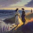 Couple in vintage attire strolls on beach at sunset with ship and flowers.