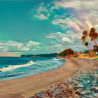 Colorful Tropical Beach Scene with Palm Trees and Swirling Sky