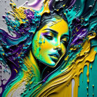 Colorful Digital Artwork: Woman with Flowing Hair and Abstract Liquid Shapes