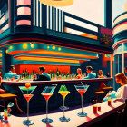 Colorful retro diner illustration with patrons, waitress, and stylized architecture.