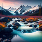 Tranquil mountain landscape with river, waterfalls, rocks, flora, and snow-capped peaks