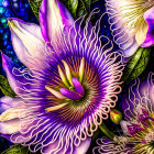 Detailed digital art: Stylized passion flowers in vivid purple, white, and gold hues on blue