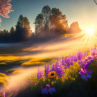 Scenic sunrise over purple flower field with mist and sunlight through trees