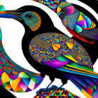 Colorful digital artwork: Two stylized birds with intricate patterns