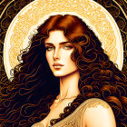 Illustrated woman with auburn hair and green eyes in Art Nouveau-style setting