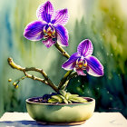 Purple and White Orchids in Green Pot on Soft-focus Greenery Background