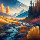 Fantasy landscape with orange and pink foliage, waterfalls, river, mountains