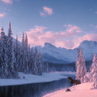 Winter landscape: Snowy trees, mountains, and pink sunrise over a serene river