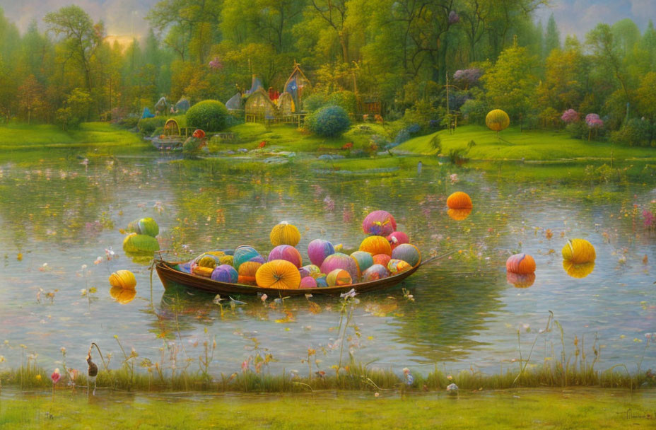 Colorful lantern-filled boat on calm lake in whimsical landscape