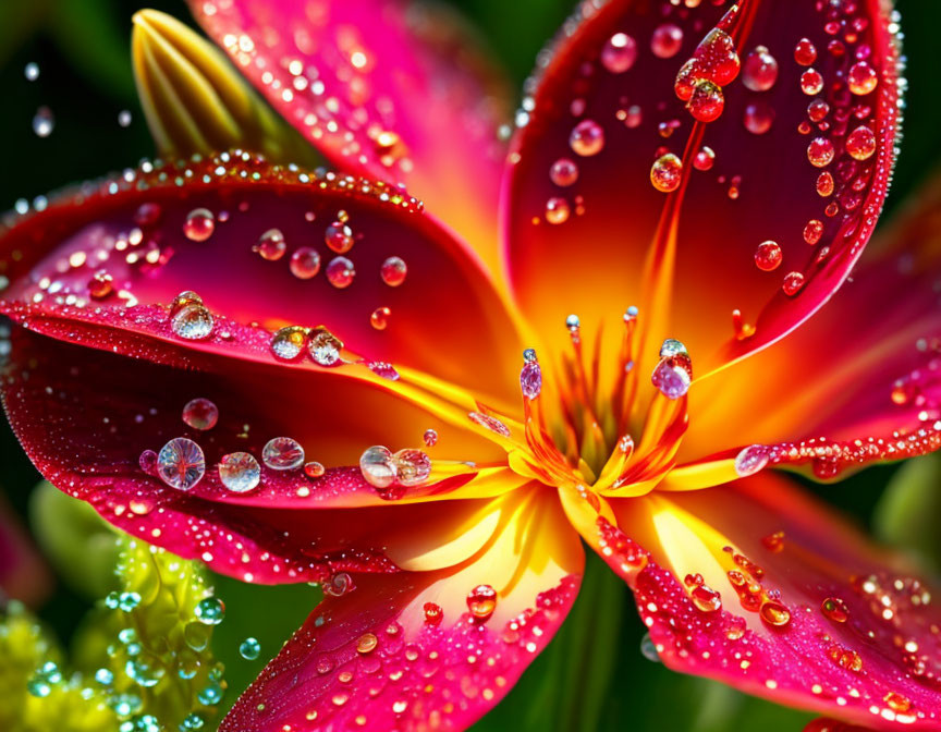 Vibrant red flower with yellow center and water droplets